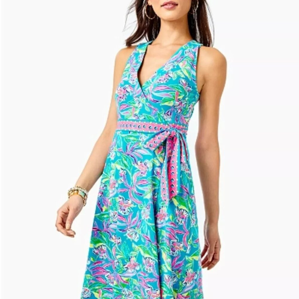 Lilly Pulitzer Clancie Wrap Dress Medium Formentera Turquoise Keep on Beleafing - Picture 10 of 12